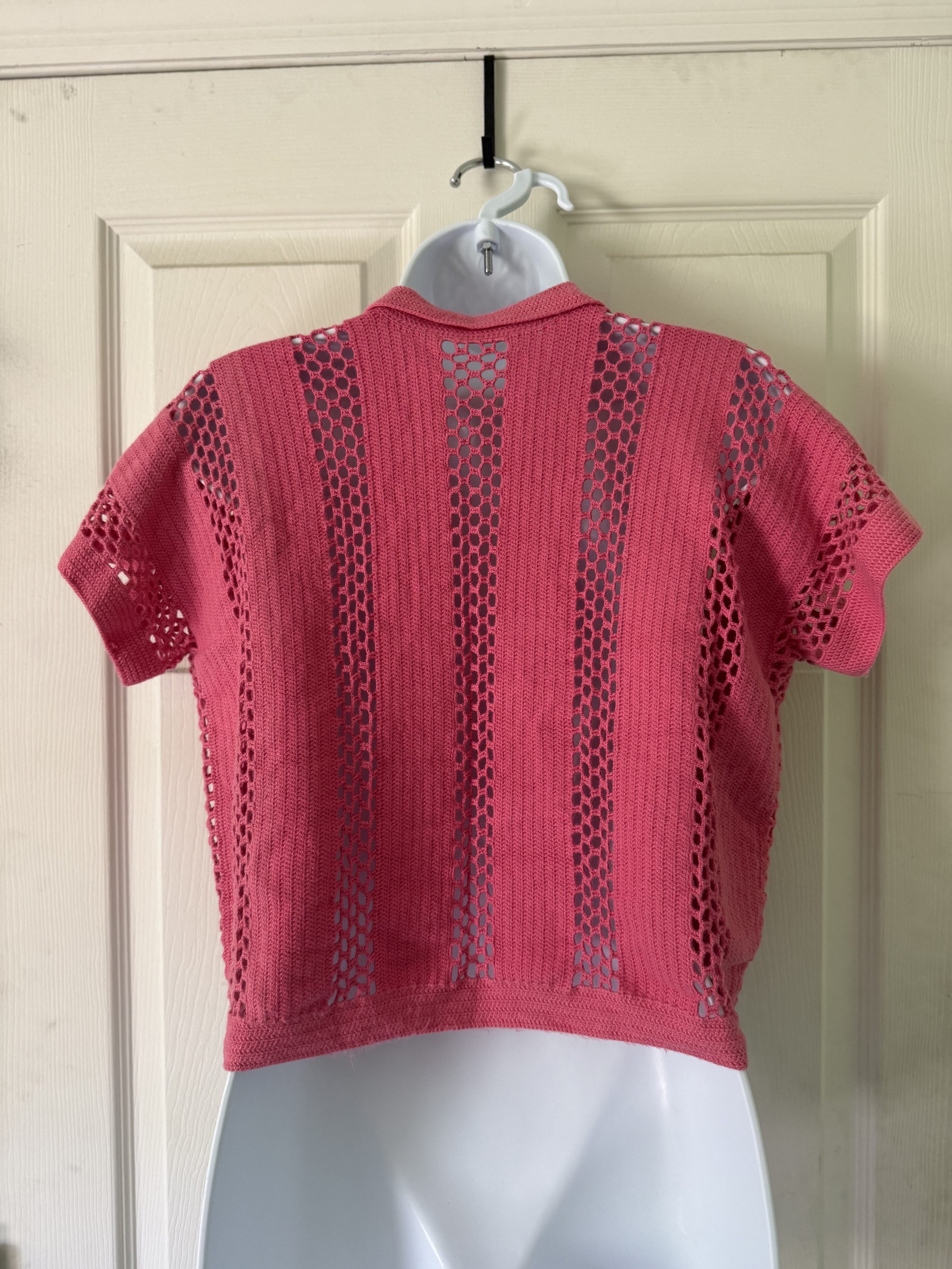 Crochet Pink Button Up Collared Shirt Back